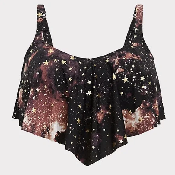 Torrid Black Gold Star Metallic Print 1PC Flounce Top SwimSuit 1X (TOP ONLY) - Picture 2 of 10